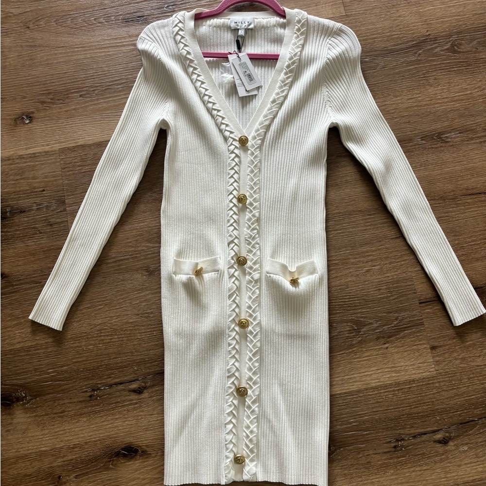 Milly Cream Ribbed Knit Cardigan Dress with Gold Accents